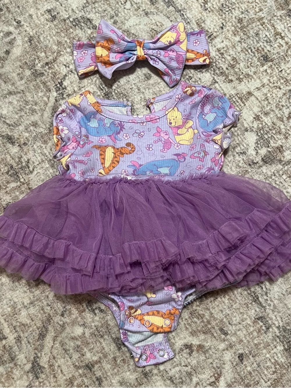 Disney Purple Tulle Skirt One-Piece with Character Print and Matching Bow